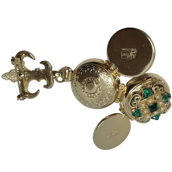 Vintage CORO Pat Pend Estate Triple Locket Brooch Fleur de Lis Rhinestone Pearl - Picture 10 of 14